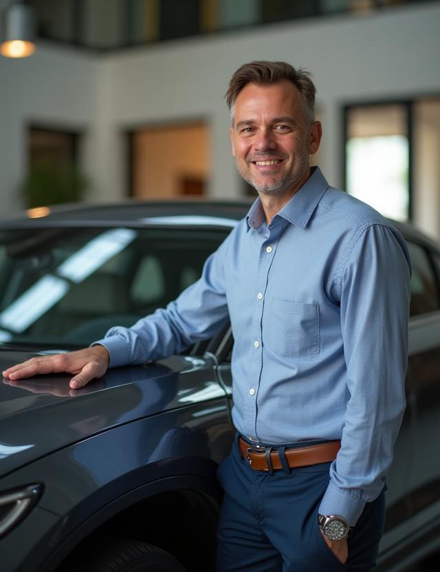 Geschäftsführer Markus Meyer lächelt neben poliertem Fahrzeug